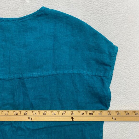 Tahari Top Womens M Teal Blue Short Sleeve Boxy Linen V Slit Neckline - Picture 9 of 11